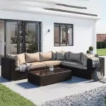 Rattan Outdoor Corner, L-Shaped, Center Table - Dark Brown