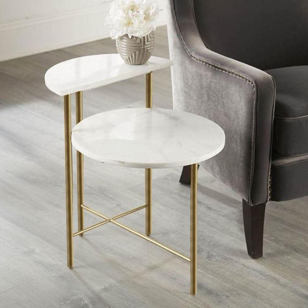 طقم ترابيزات جانبية حديد قطعتين وأبيض - ذهبي