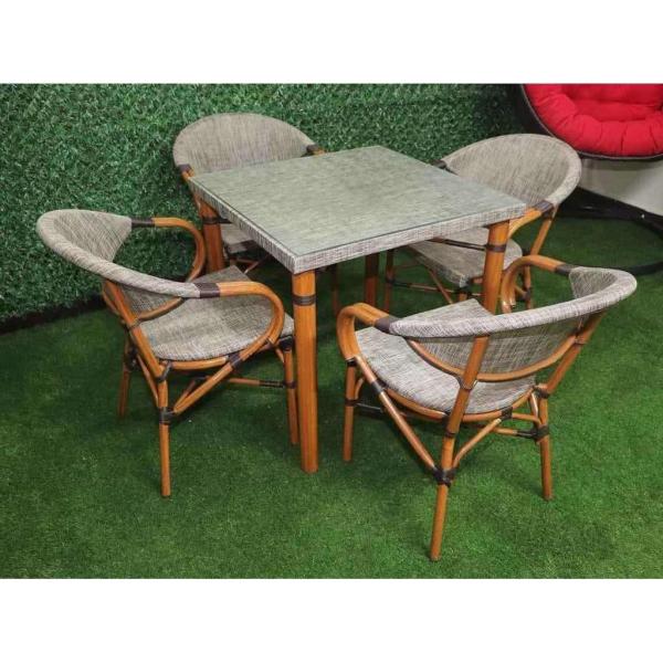 طقم أثاث خارجي حديد و ميش 5 قطعة - بيج و رمادي