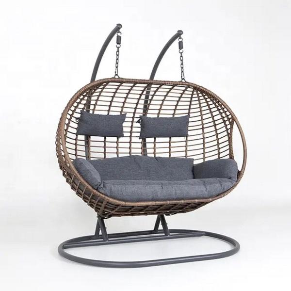 كرسي معلق زوجي راتان - رمادي و بيج