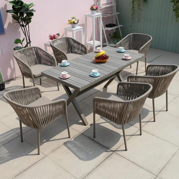 طقم أثاث خارجي حديد و قماش مقاوم للماء 7 قطع - بيج