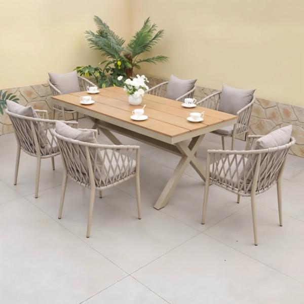 طقم أثاث خارجي حديد و قماش مقاوم للماء 7 قطع -بيج