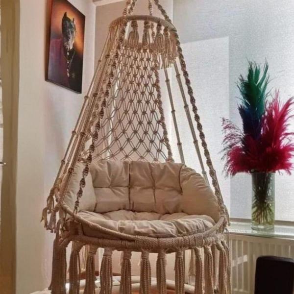 أرجوحة مكرمية معلقة إطار معدني و حبال من القطن - بيج