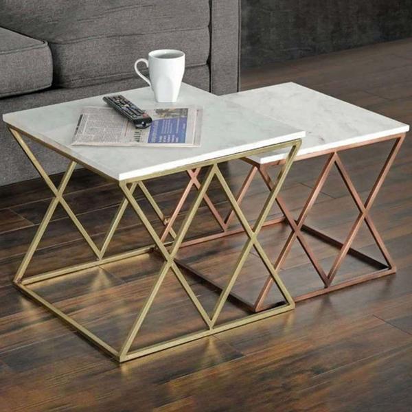 طقم ترابيزات جانبية حديد ورخام قطعتين ذهبي وأبيض