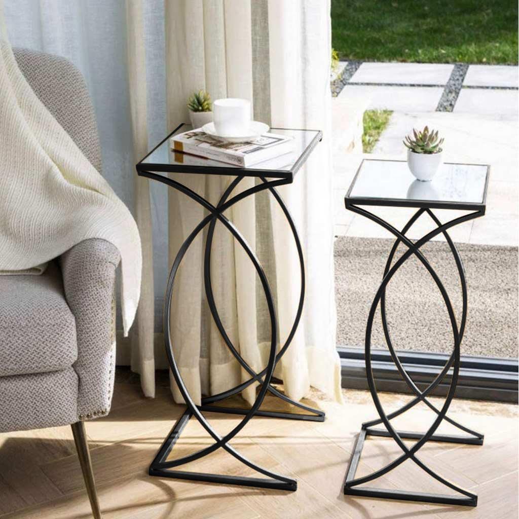 طقم ترابيزات جانبية حديد وزجاج قطعتين - أسود وأبيض