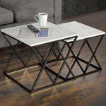 طقم ترابيزات جانبية حديد ورخام قطعتين - أسود وأبيض