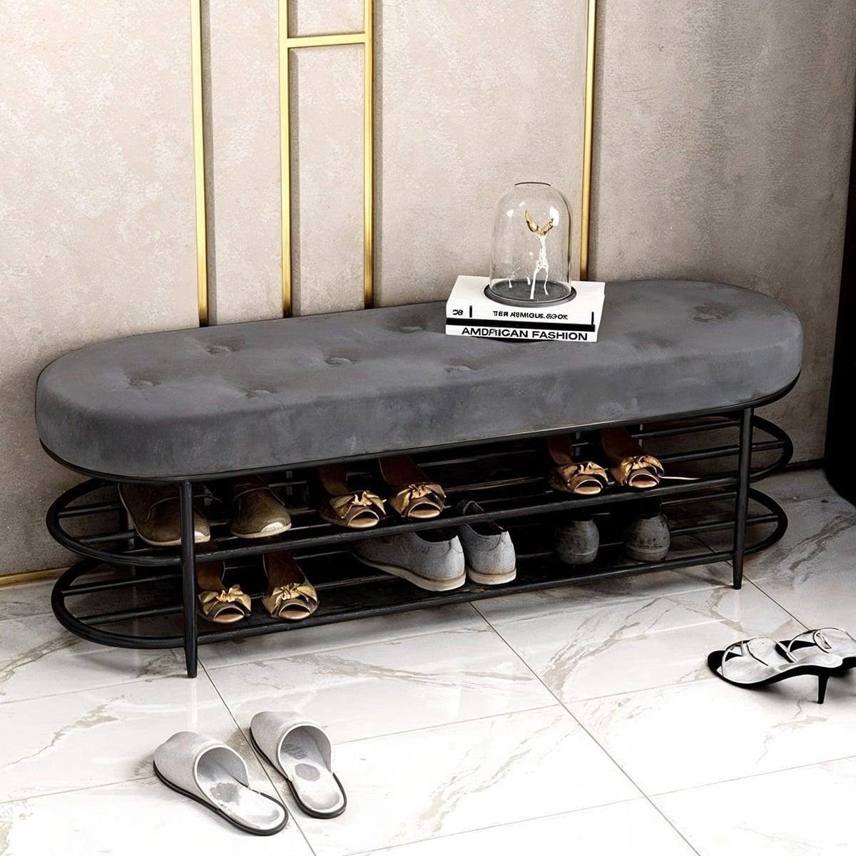 بانكيت بجزامة ستيل و قطيفة أسود و رمادي - 50×40×120 سم