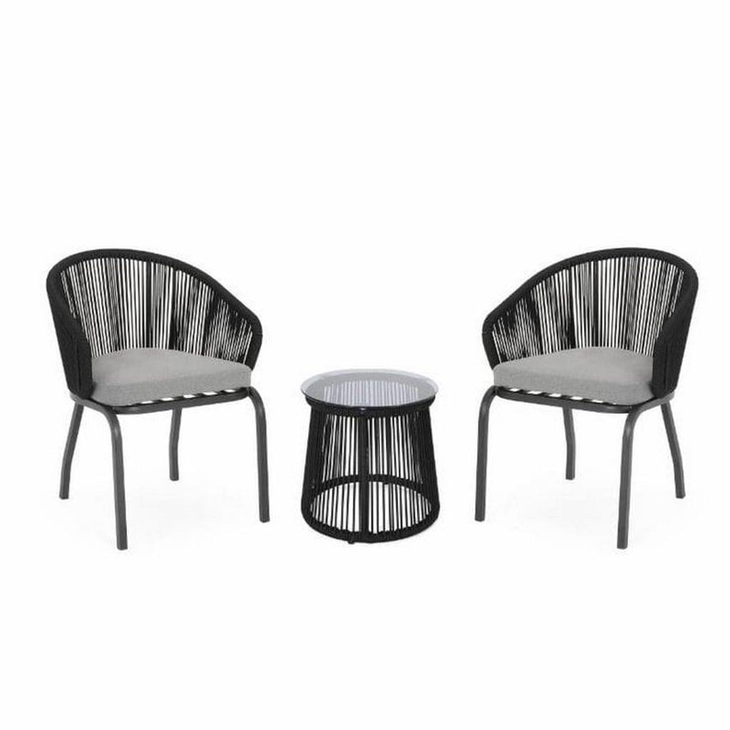 طقم أثاث خارجي حديد و خيط دوبار 3 قطعة - أسود و رمادي