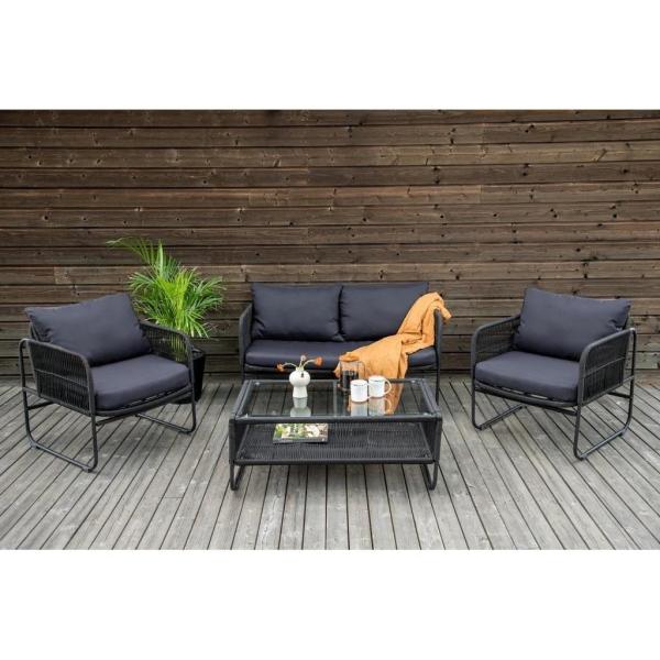 طقم أثاث خارجي 4 قطع حديد وقماش مقاوم للماء - أسود