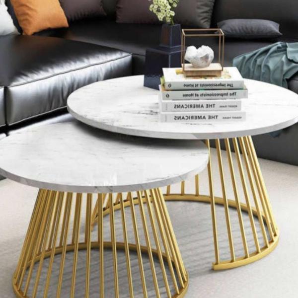 طقم ترابيزات قهوة ستيل و رخام ذهبي - قطعتين