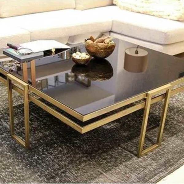 ترابيزة قهوة ستيل و زجاج ذهبى - 75×75×40 سم